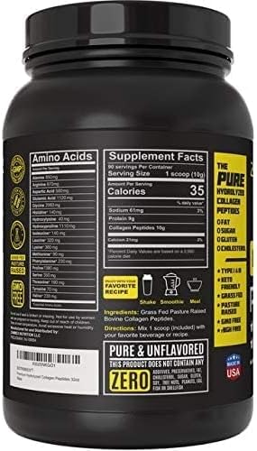 Zammex Collagen Peptides Powder, 90 Servings, Unflavored Instant Powdered, Pure Hydrolyzed Collagen Protein Powder (Type I, III) 100% Grass Fed, Paleo & Keto, Non-GMO, for Skin Hair Nail Joint