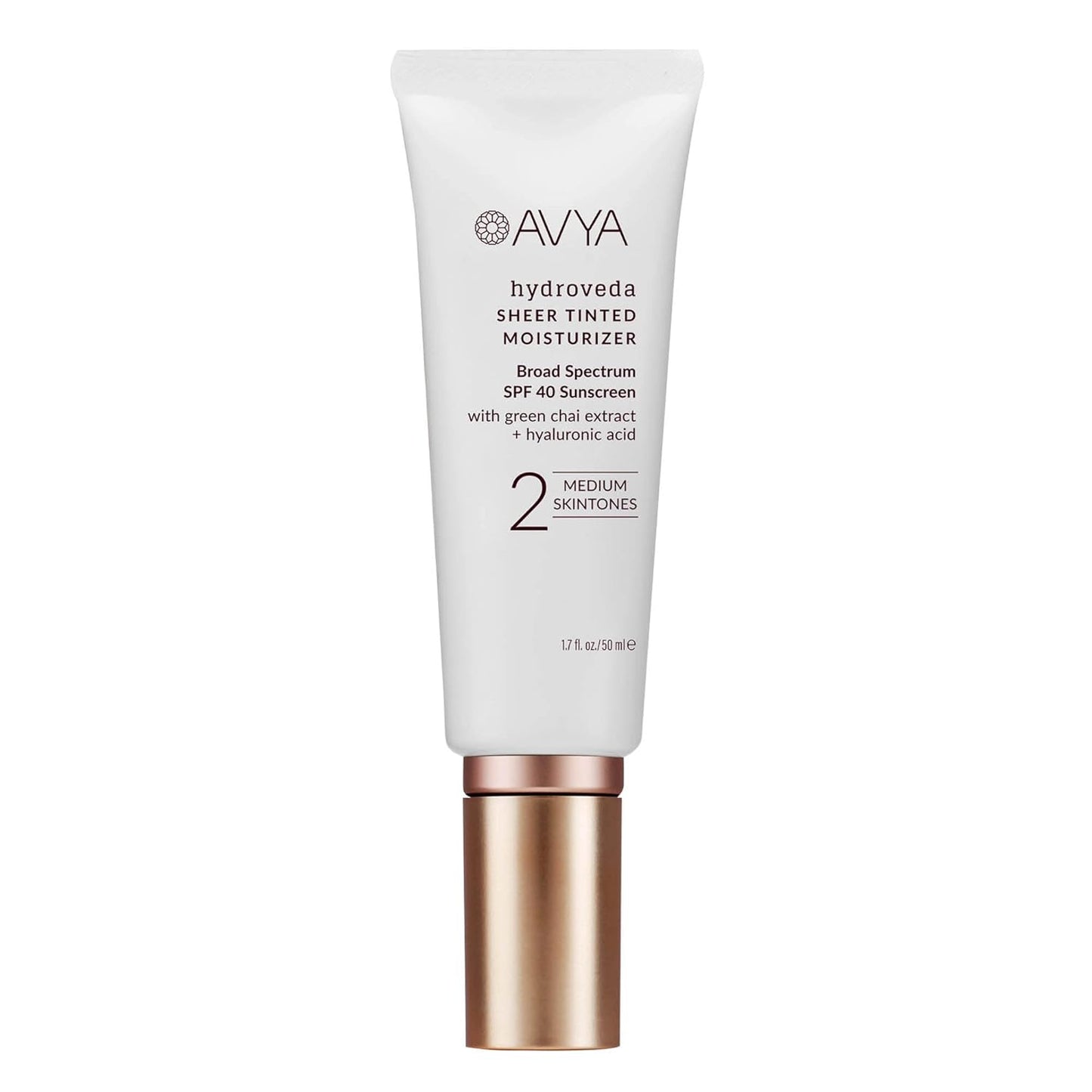 AVYA SPF 40 Sheer Tinted Moisturizer with Hyaluronic Acid & Green Chai – Advanced Ayurvedic Skincare Treatment for Balanced and Brighter Skin/Medium Skintones Shade #2 (1.7oz/50ml)