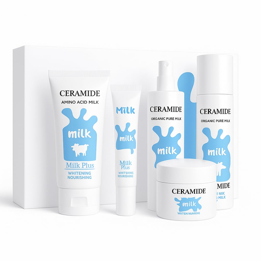 Milk Ceramide Whitening Skincare Set 6 Piece Kit with Amino Acid Cleanser, Toner, Eye Cream, Whitening Serum, Lotion & Face Cream – Deep Cleansing, Hydrating, Brightening, Soothing for All Skin Types