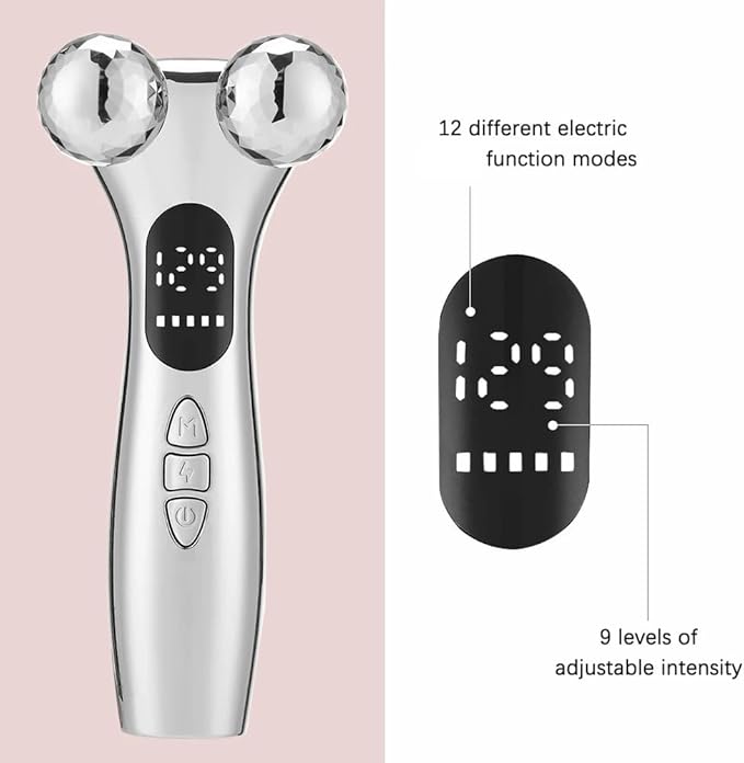 4D Facial Beauty Roller Massager โ Double-Ball Neck Lift Device with 12 Massage Modes, 5 Vibration Levels & 9 Intensity Settings for Face & Body Sculpting (Silver)