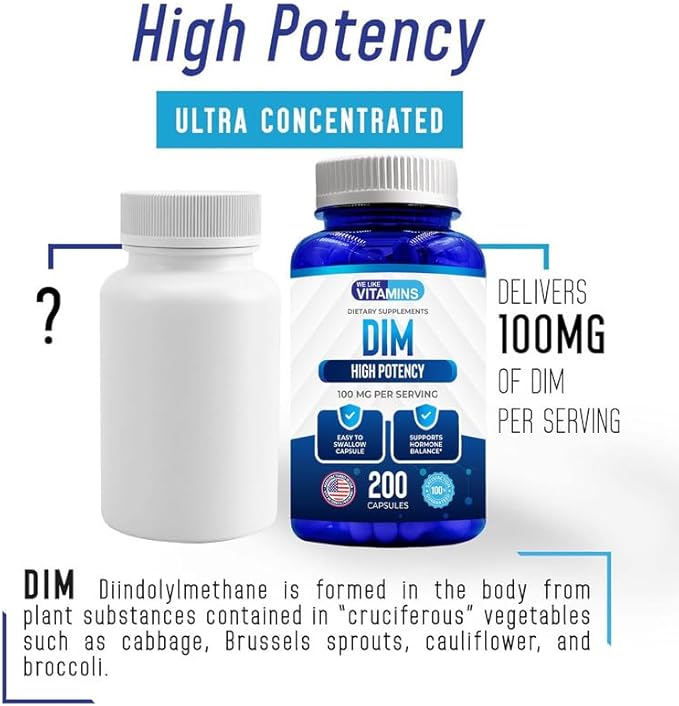 We Like Vitamins DIM 100mg 200 Capsules - 200 Day Supply - Diindolylmethane DIM Supplement for Support with Healthy Estrogen and Hormone Levels