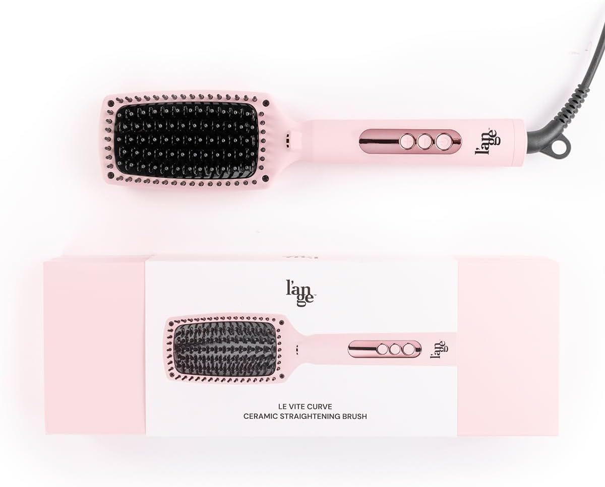 L'ANGE HAIR Le Vite Curve Ceramic Straightening Brush | Heated Straightener Flat Iron for Smooth, Anti Frizz Hair | for All Hair Lengths | Hot Styling Brush for Effortless Straightening (Blush)