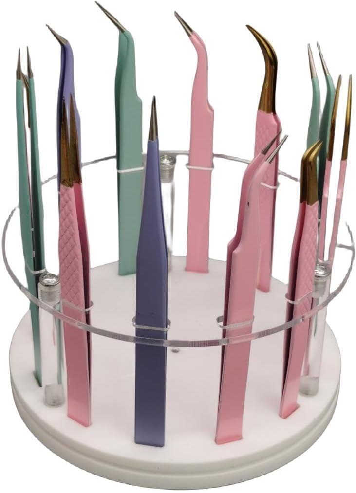 12 Holes Acrylic Rotatable Tweezers Holder, Eyelash Makeup Grafting Tweezer Display Stand Extensions Organizer Training Rack Beauty Tools (White)