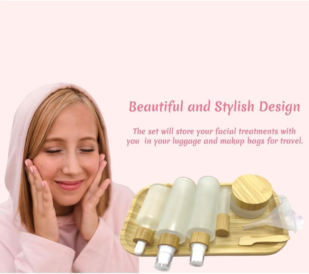 Empty Refillable Frosted Glass Cosmetic Containers with Bamboo Cover - 5 Pack, Spray Bottle, Lotion Pump, Dropper, Roller and Cream Jar for Cosmetic Storage with Tray