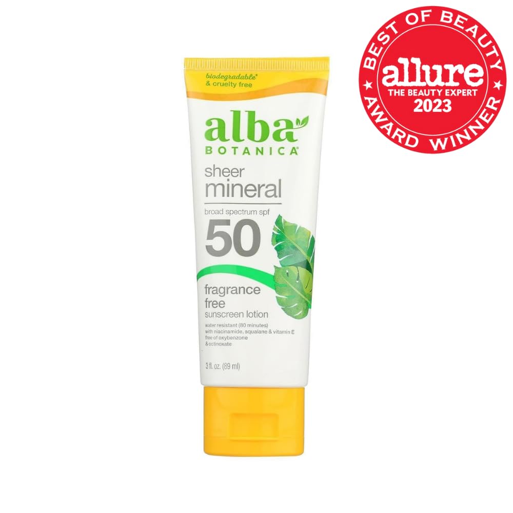 Alba Botanica Mineral Sunscreen Lotion SPF 50, Broad Spectrum, Fragrance Free, 3 Fl Oz (Packaging May Vary)