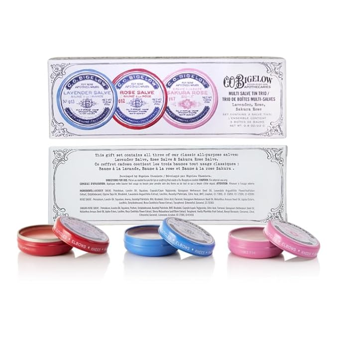 C.O. Bigelow All Purpose Salves, Variety Pack of 3 Lip Balm Tins for Chapped Lips & Dry Skin - Classic Rose, Lavender & Sakura Rose Moisturizing Lip and Skin Salves, 0.8 oz each