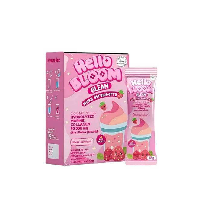 Hello Bloom Gleam Collagen Mix Drinks by Kiray Celis (1 Pack, Milky Strawberry)