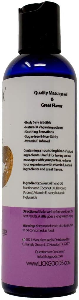 Coconut Flavored Massage Oil for Couples – Edible Massaging Lotion with Vitamin E, Sweet Almond and Coconut Oil is Non Sticky and Gentle on Skin – Natural, Relaxing and Vegan (4 oz)