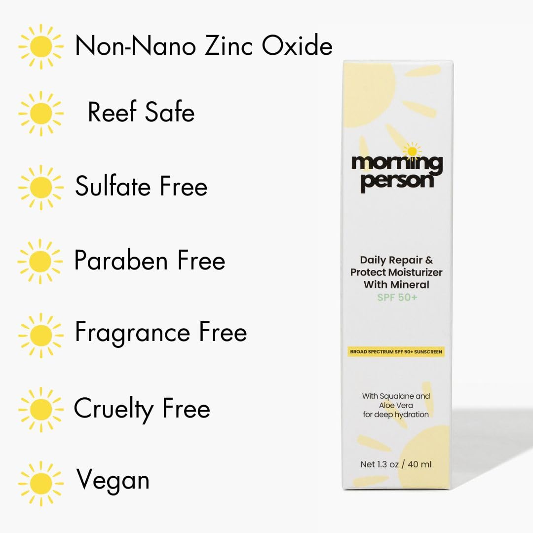 Daily Repair & Protect Moisturizer with Mineral Sunscreen Face SPF 50+ I With Squalane and Aloe Vera for Deep Moisture I UVA/UVB & Blue Light Protection I No White Cast I Reef Safe I Vegan