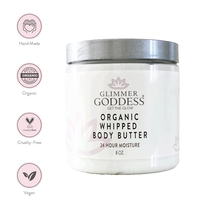 GLIMMER GODDESS Organic Whipped Body Butter- Lemon Cream, Vegan, 24 Hr Hydration, Less Stretch Marks, All Skin Types, Child-Safe, Organic, 8 oz