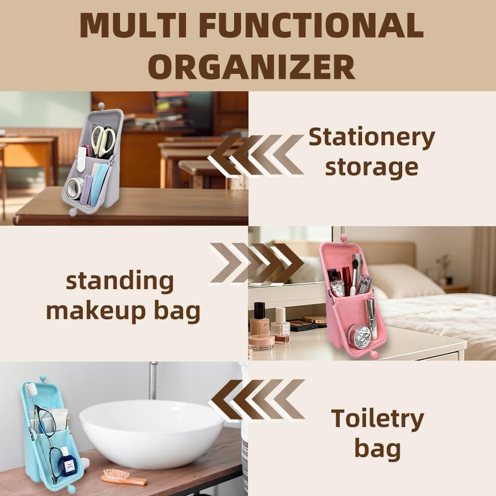 silicone makeup brush holder,waterproof soft and sleek portable travel cosmetic bag,standing makeup bag,blue