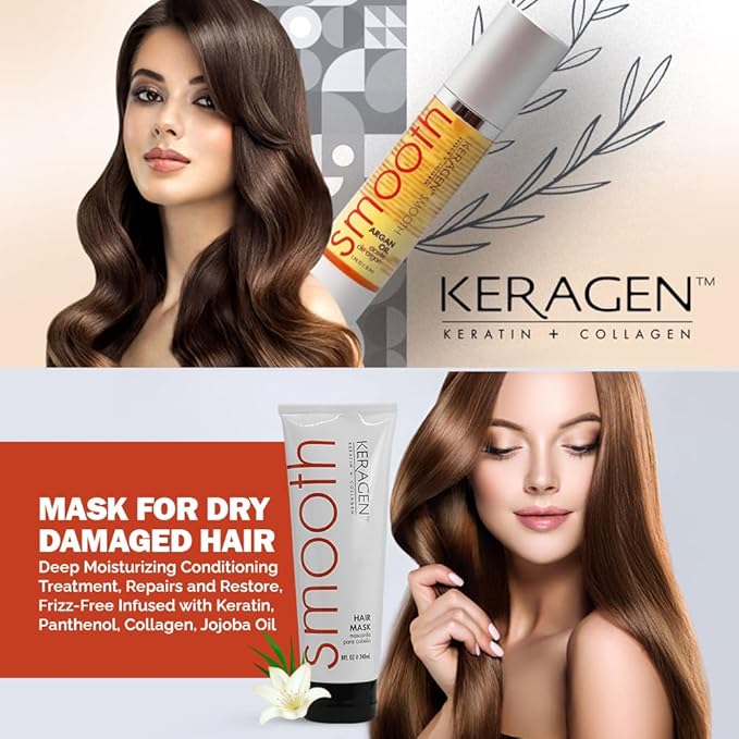 KERAGEN Hair Care Duo: Mask for Dry Damaged Hair (8 Oz) + Moroccan Argan Oil (1.7 Oz) - Deep Conditioning, Frizz-Free, Anti-Frizz Serum, Brilliant Shine, Hydrates, Seals Cuticles