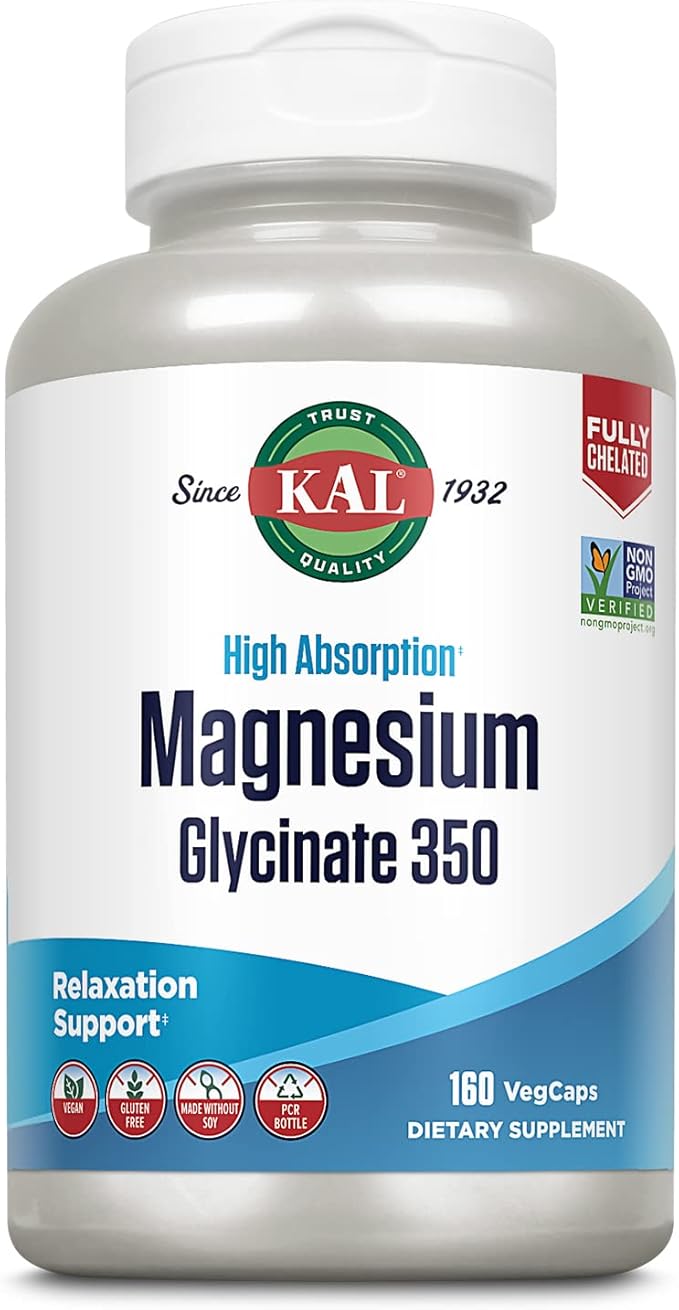 KAL Magnesium Glycinate Capsules, Fully Chelated Magnesium Bisglycinate, High Absorption Magnesium Supplement, Healthy Bones, Muscle, Relaxation and Stress Support, Non-GMO 160 count