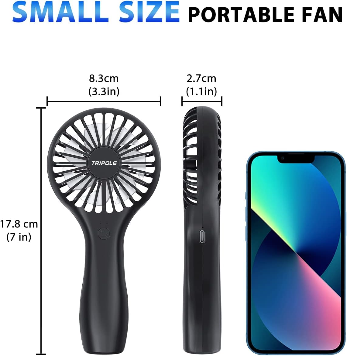 TriPole Mini Handheld Fan 5000mAh Battery Operated Small Fans 2 Speeds Powerful Personal Portable Fan Cute Design USB Rechargeable Electric Fans for Eyelash Makeup Kids Women Men Outdoor Travel, Black