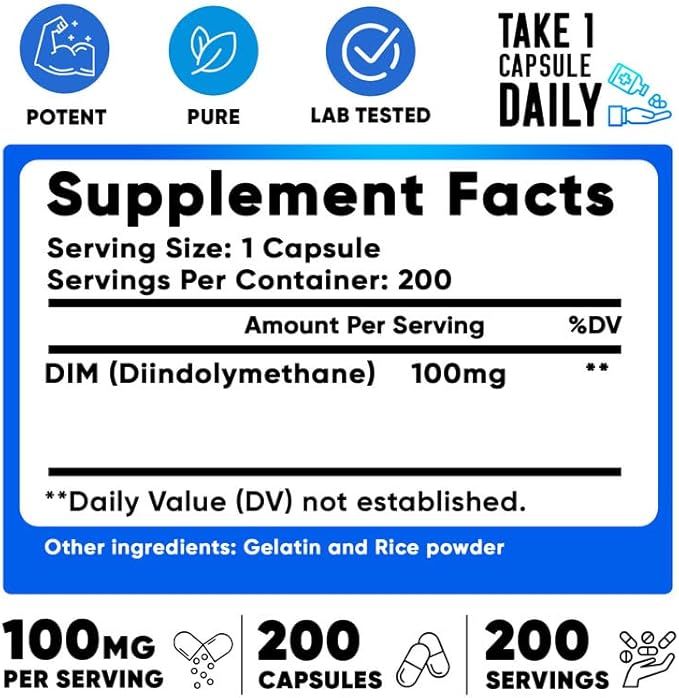 We Like Vitamins DIM 100mg 200 Capsules - 200 Day Supply - Diindolylmethane DIM Supplement for Support with Healthy Estrogen and Hormone Levels