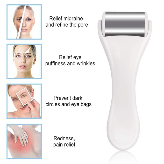 MAANGE Ice Roller for Face & Eye,Puffiness,Migraine,Pain Relief and Minor Injury,Skin Care Products Stainless Steel Face Massager Ice Roller Massager (White)