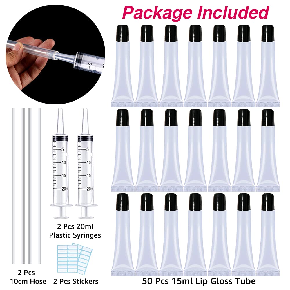 AMORIX 50 Empty Lip Gloss Tubes - 15ml Black Cap Containers + 2 x 20ml Syringes & Labels for DIY Lip Gloss Base