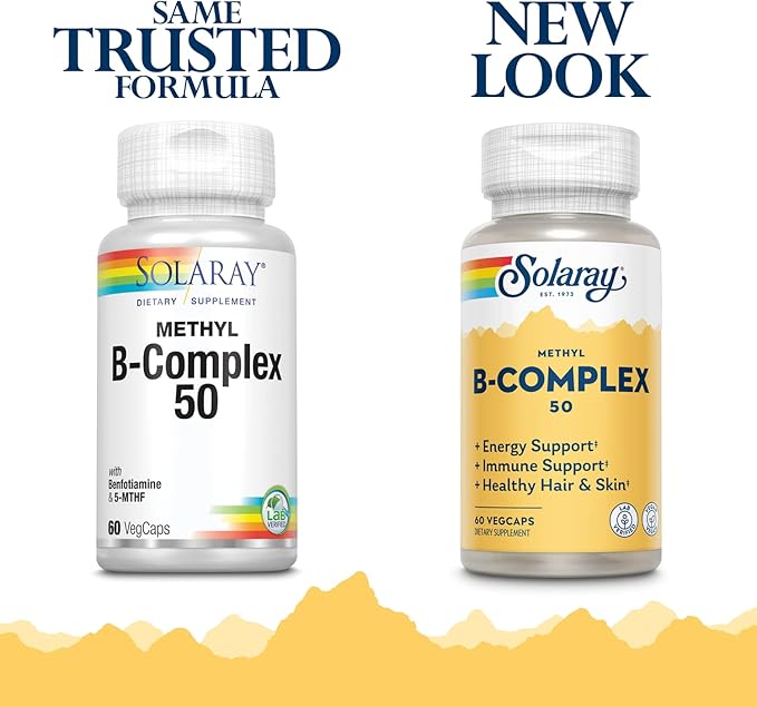 Solaray Methyl B-Complex 50mg | Methylated Forms of Folate & B-12 | Healthy Hair & Skin, Nerves, Immune Function & Metabolism Support | 60 VegCaps