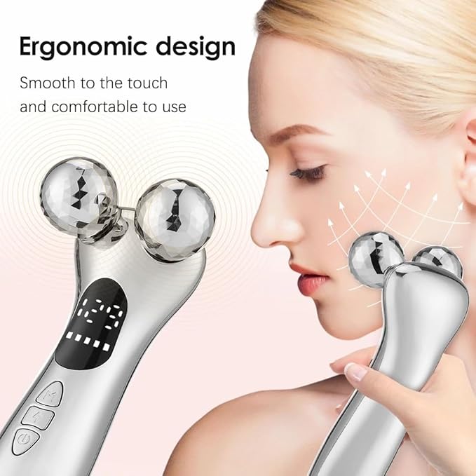 4D Facial Beauty Roller Massager โ Double-Ball Neck Lift Device with 12 Massage Modes, 5 Vibration Levels & 9 Intensity Settings for Face & Body Sculpting (Silver)