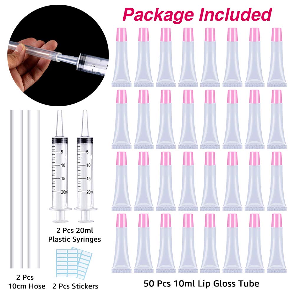 AMORIX 50PCS Lip Gloss Tubes Empty 10ml Pink Cap Lip Gloss Containers Lip Balm Tubes Cute Squeeze Tubes Lipgloss Making Supplies + 2 x 20ml Syringes Tag Labels for Lip Gloss Base
