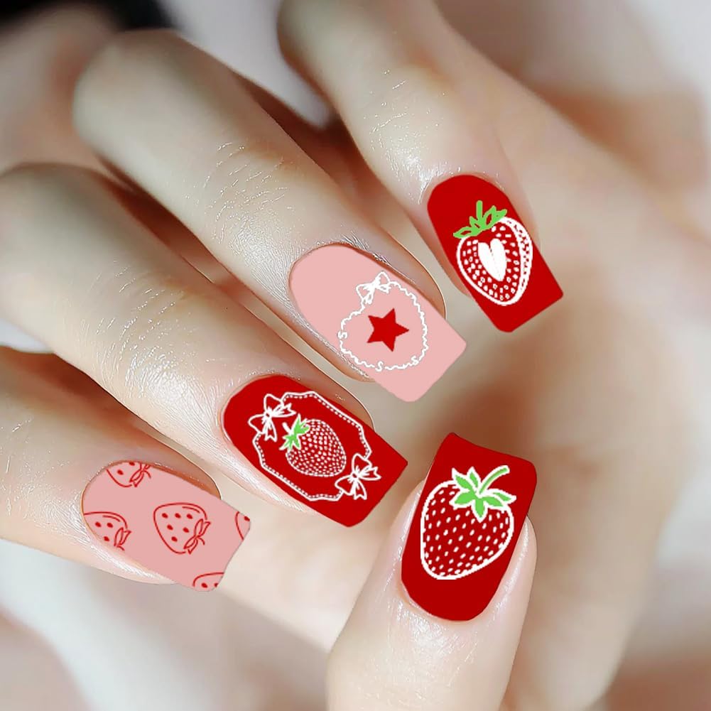 3Pcs Strawberry Nail Stamping Plate Heart Bow Nail Art Stamp Templates Stainless Steel Reusable Tools with Stamper Scraper for Manicure Printing