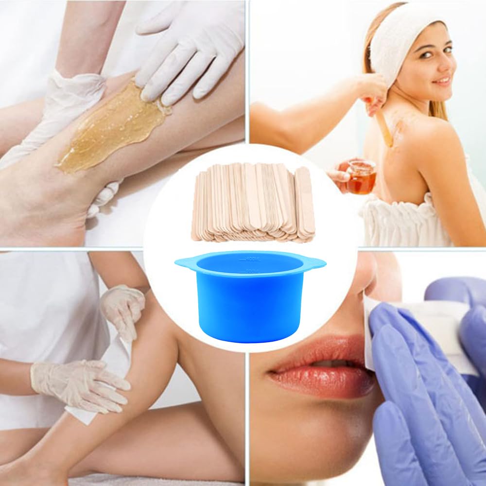 Silicone Wax pot Liner, Silicone Wax Bowl Warmer liner, Non-Stick Melt Pot Replacement, Reusable Melt Liner with 50 Pcs Waxing Sticks Body Hair Removal 14 oz Bule