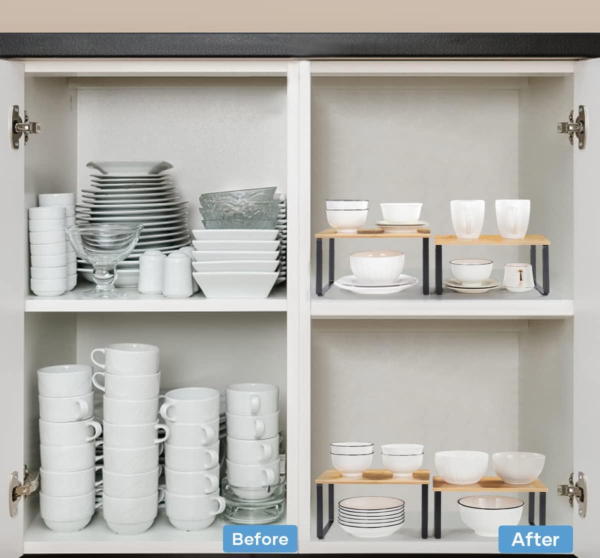 MOOACE Kitchen Cabinet and Counter Shelf Organizer, Stackable & Expandable, Set of 4, Black and Natural