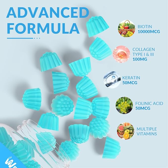 Biotin Gummies, Sugar Free Biotin Vitamins for Women & Men Supports Hair Growth, Nails & Skin, Chewable Biotin and Collagen Supplement | Gluten-Free