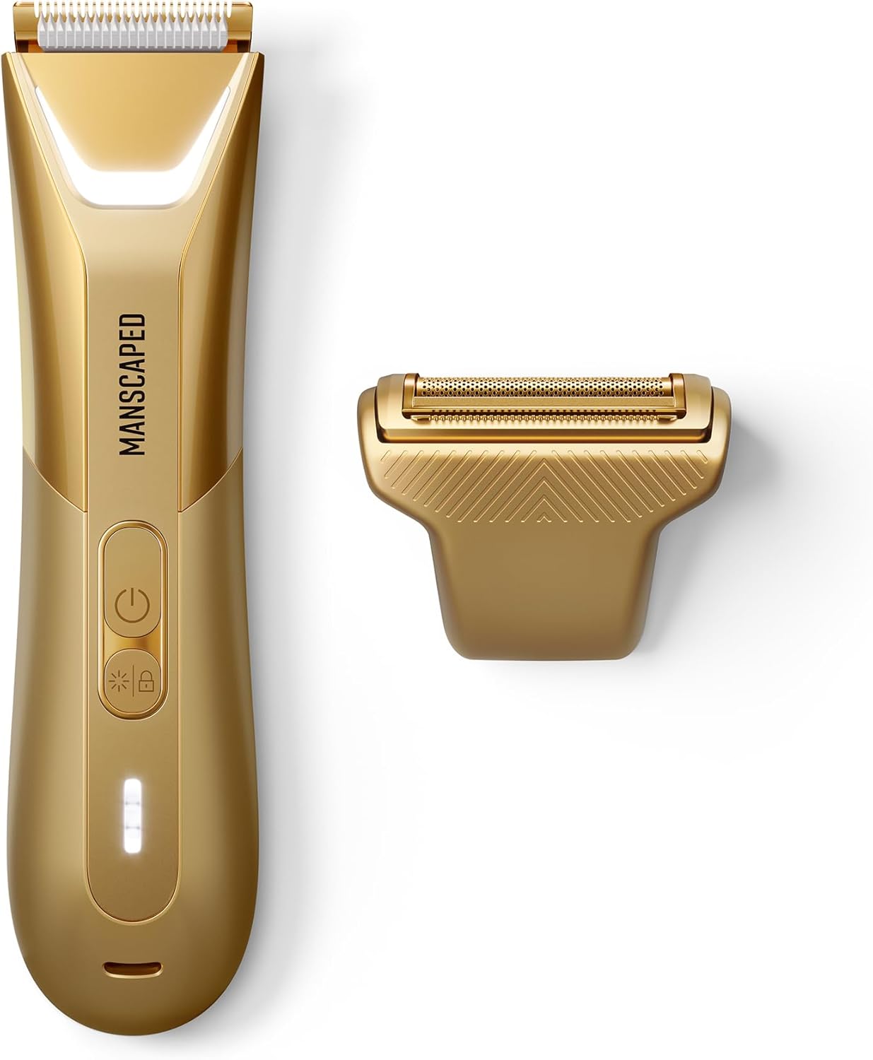 MANSCAPED® The Lawn Mower® 5.0 Ultra Groin & Body Hair Trimmer – Dual-Head SkinSafe® Trimmer & Foil Blades, Waterproof Groomer, USB-C Rechargeable with Travel Case, Men’s Ball Shaver, Forged Gold