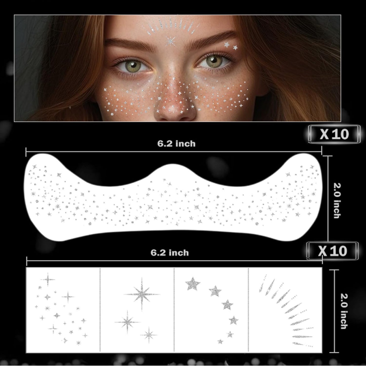 20 Pcs Silver Glitter Freckles,20 Pcs Face Gems with 4 Shapes - Sparkling Self-Adhesive Face Jewels for Festival, Rave & Party Makeup - Waterproof Face Glitter Patches for Women & Teens
