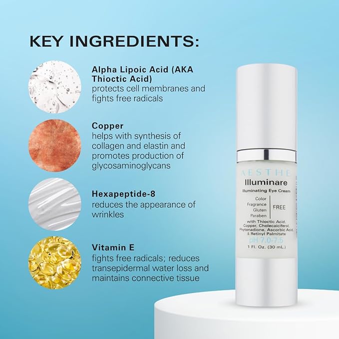 Aesthe Illuminare Illuminating Eye Cream - Color-Free, Fragrance-Free, Gluten-Free Skincare for Eyes with Thioctic Acid, Copper & More - For Puffiness & Dark Circles - Tighten & Smooth - 1 fl oz