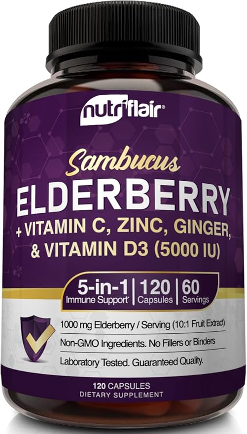 NutriFlair Sambucus Elderberry, 120 Veggie Capsules 5 in 1 Immune D3 5000 5000 IU, 2 Month