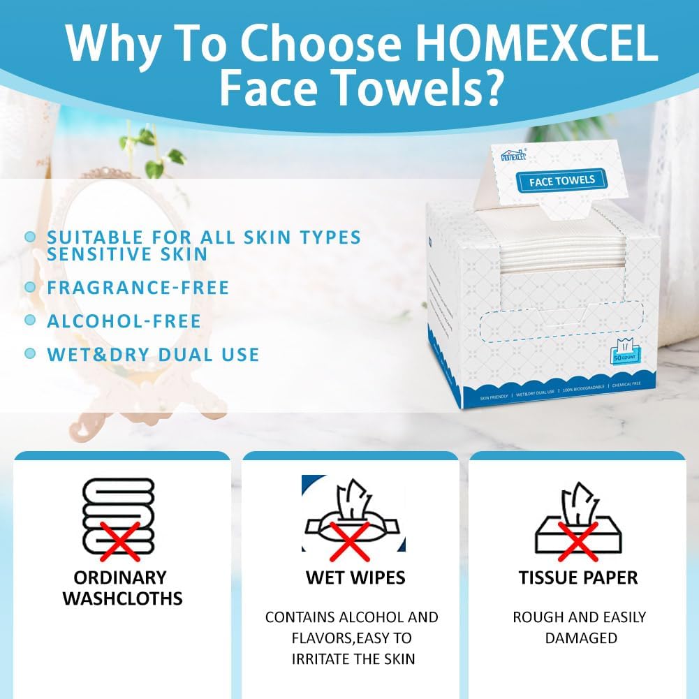 HOMEXCEL Face Towels, 100 Count (2 Box) Disposable Face Towelettes, Biodegradable Makeup Remover Dry Wipes, Super Soft Clean Facial Towels Wash Cloth for Sensitive Skin