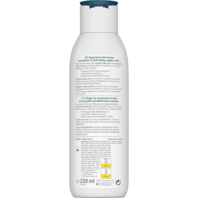 lavera basis sensitiv Body Milk Rich - organic aloe vera & organic shea butter - 24 h intensive moisturizing care - PETA certified - biodegradable - vegan - natural cosmetics - 8,45 fl.oz.