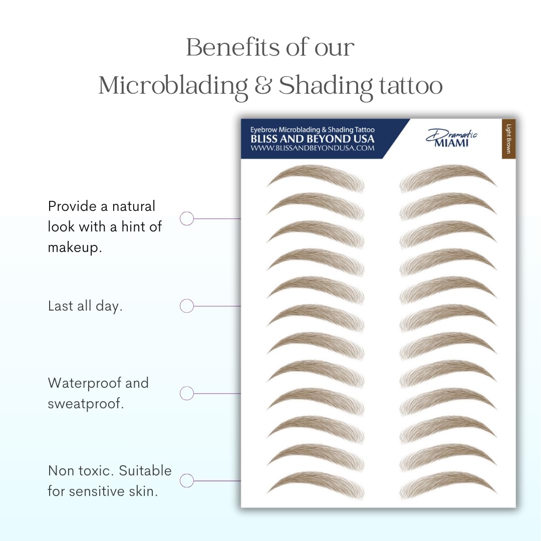 Bliss and Beyond USA, 2 sheets eyebrow tattoo waterproof sticker, Long Lasting, Natural Looking Fake Eyebrow for Alopecia, Chemo, Cancer. Same Size eyebrow tattoos (Dramatic Miami, Light Brown)