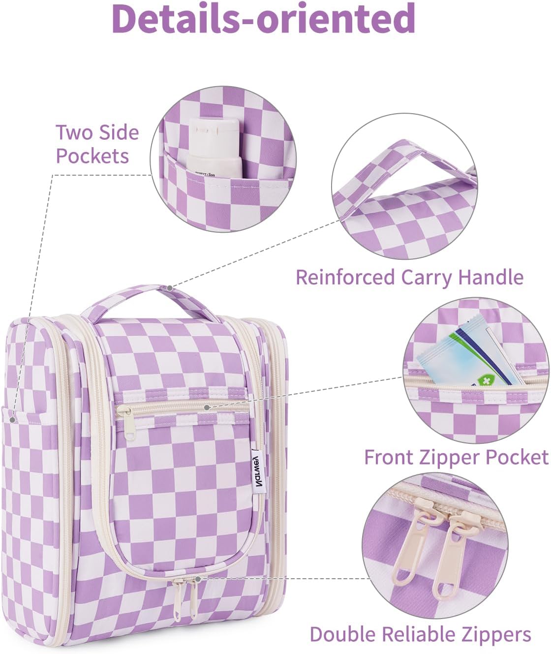Narwey Small Checkered Hanging Travel Toiletry Bag for Women, Travel Bag for Toiletries, Makeup Bag Organizer Cosmetic Bags Make Up Bags for Women (Purple Checkerboard)