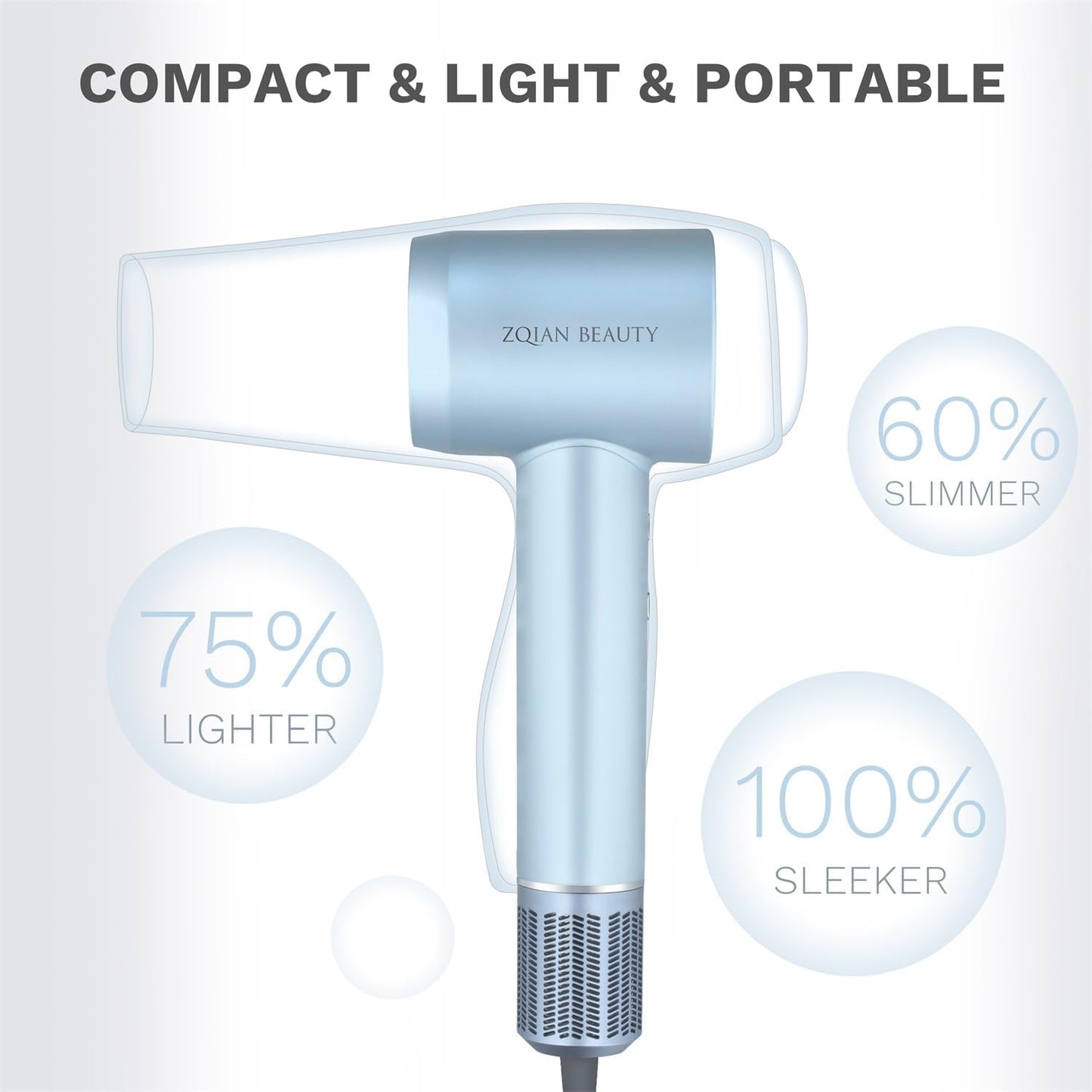 Ionic Hair Dryer with 200 Million Negative Ions, High-Speed Blow Dryer for Women and Men Fast Drying Low Noise Travel Hairdryer (Silver Blue, with Concentrator Nozzle)