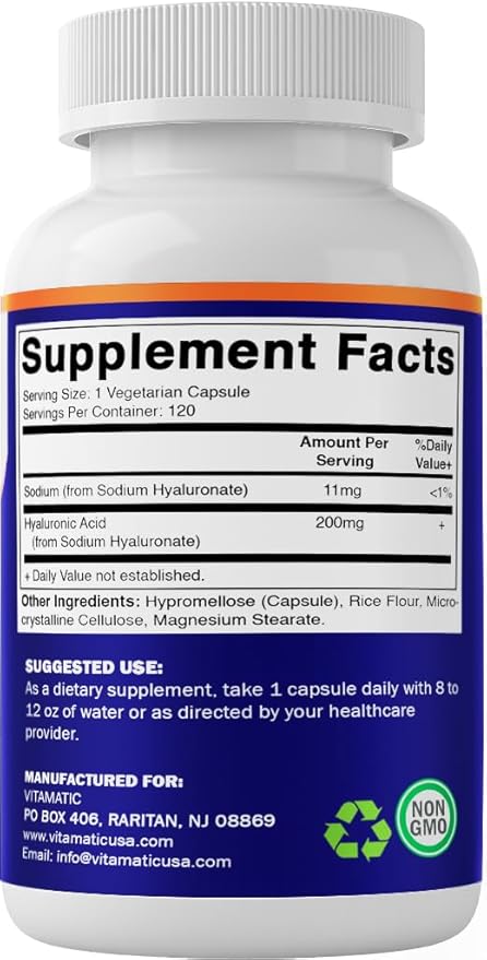 Vitamatic Hyaluronic Acid Supplements 200mg - Supports Healthy Connective Tissue and Joints - Promote Youthful Healthy Skin - 120 Capsules