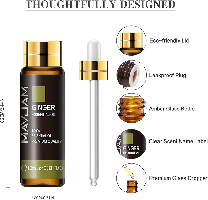 Ginger Essential Oil, MAYJAM 10ML/0.33FL.OZ Premium Ginger Oils for Soap Candle Making, Diffuser, Bedroom, Living Room, Office