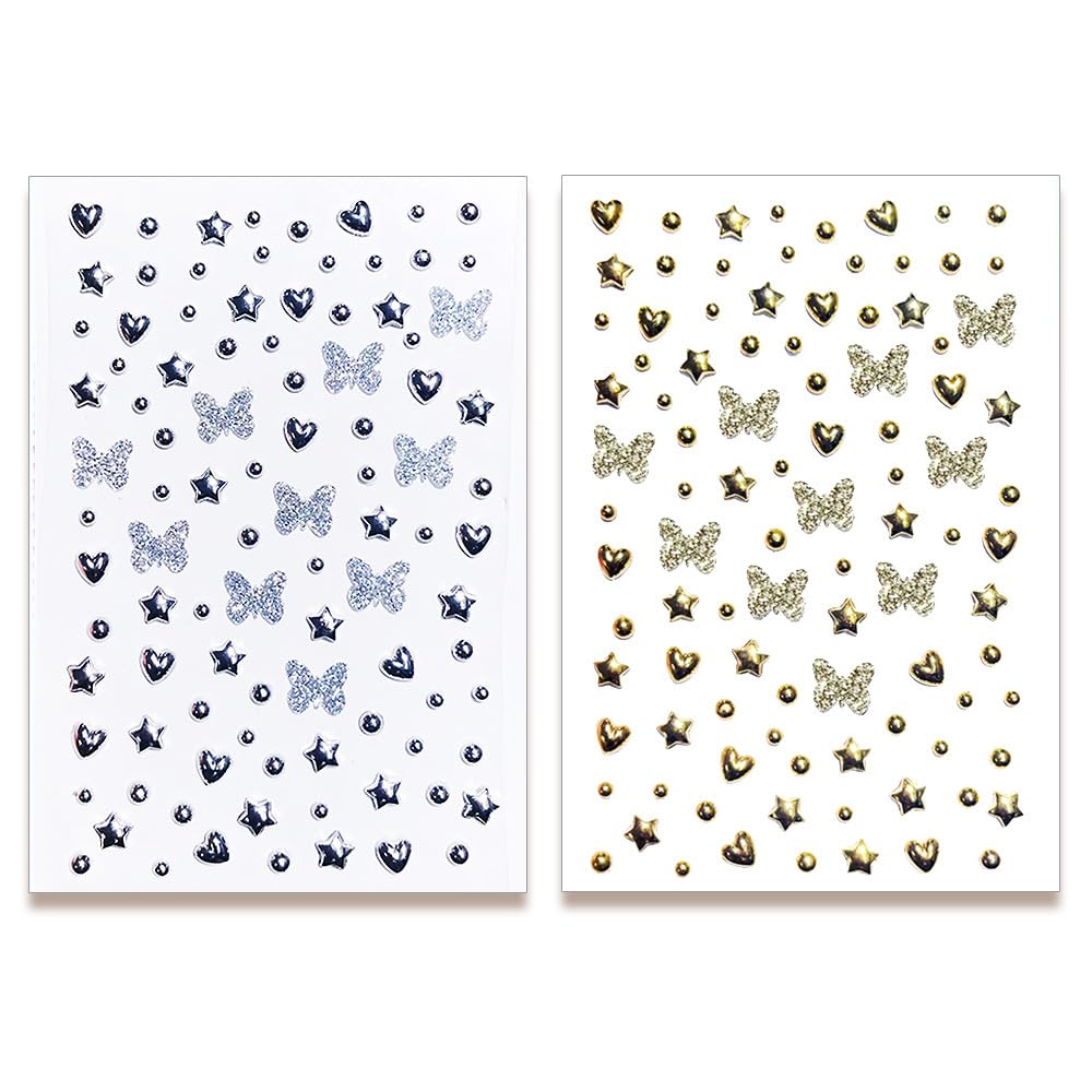 Fake Metallic Eye Corners Face Jewels Silver Gold Butterfly Face Gems Tattoo Decorations Body Glitter Crystal Sticker Temporary Tattoo, 2-Pack