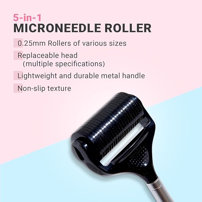 Derma Roller Kit for Hair Beard Face Body Scalp 5-in-1 0.25mm Titanium Microneedle Roller Ice Roller Steel handle