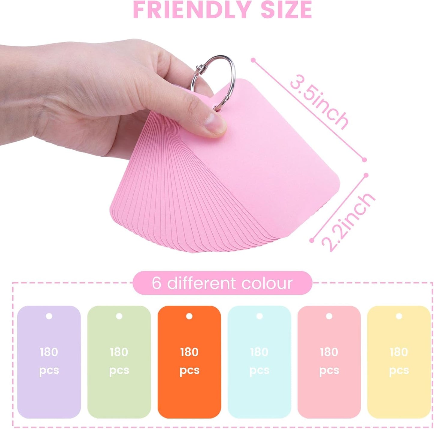 Koogel 1080PCS Index Cards with Rings for School, 2.2 x 3.5 Inch, Colored Flash Cards for Studying, Portable Notecard for Classroom Tests Preparation Teacher Education Office Supplies, 6 Colors