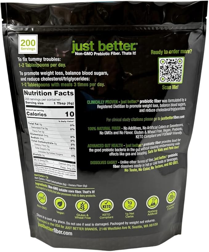 Prebiotic Fiber Supplement for a Healthy Gut | Fiber Powder with Zero Grit Zero Taste and No Bloating or Gas | Feel Full Faster | Keto Non-GMO Gluten Free Vegan 200 Servings
