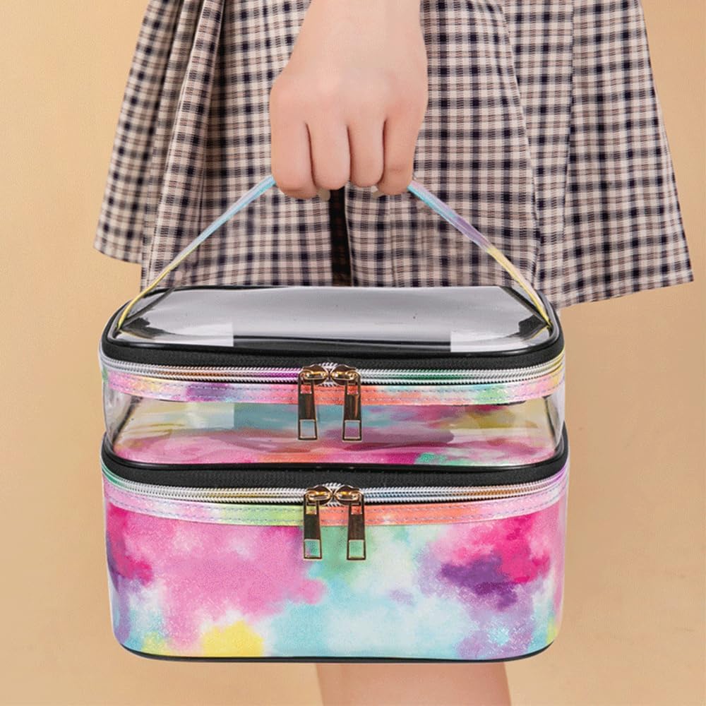 FITINI Makeup Bags Double Layer Travel Storage Cosmetic Cases Make up Organizer Toiletry Bags Water-resistant for Women Makeup Brush Bag,Tie Dyed
