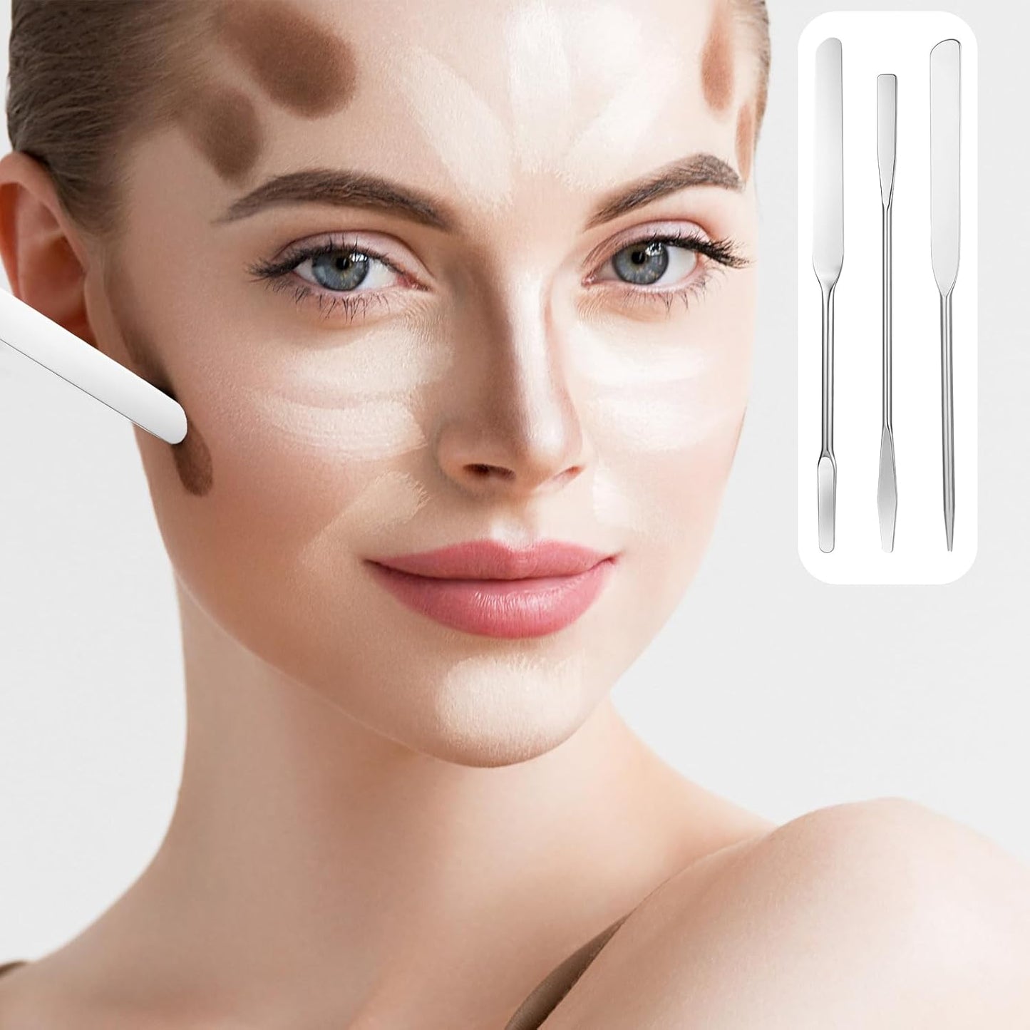 3 pcs Makeup Spatula Foundation Spatula, Stainless Steel Facial Beauty Spatula, Tiny Makeup Palette Mixer Face Cream Applicator Cosmetic Mixing Tool for Even Application Foundation Double Edged