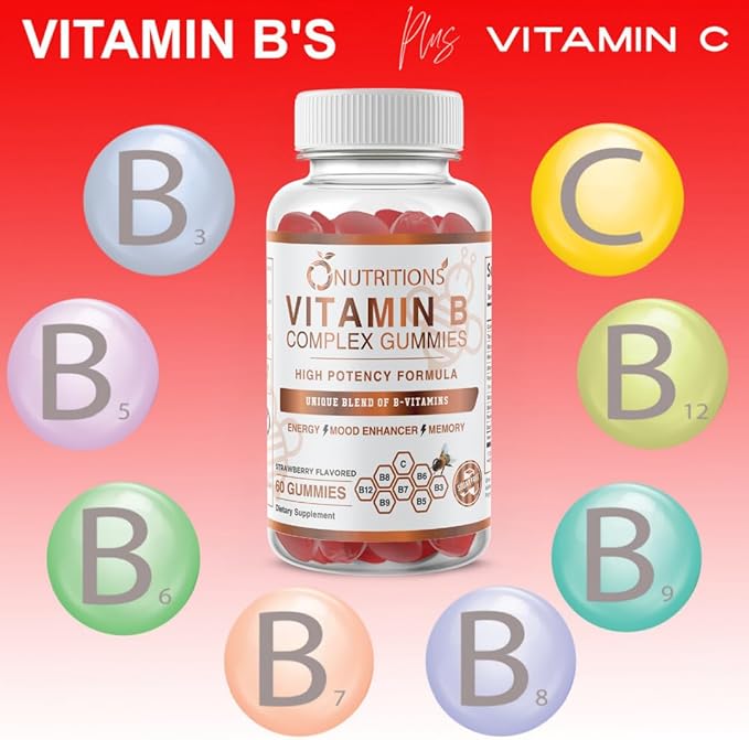 O NUTRITIONS Vitamin B Complex Vegan Gummies with Vitamin B12, B7 as Biotin, B6, B3 as Niacin, B5, B6, B8, B9 as Folate for Stress, Energy and Healthy Immune System (1 Pack -Sugar Free)