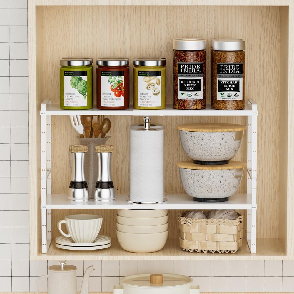 Slideep Expandable Counter Organizer Shelf, Stackable Cabinet Shelves Organizer Storage Rack Cupboard Stand Spice Rack for Kitchen Bathroom Pantry White -2 Set