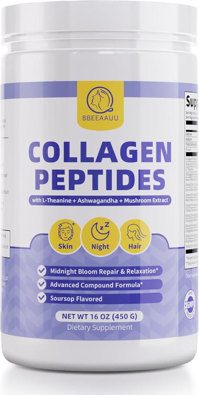 Collagen Peptides Powder for Women & Men, Marine Collagen Supplements with Hydrolyzed Type I & V, L-Theanine, Ashwagandha, 6 Mushroom Extract, Supports Night, Skin, Hair, Nail, Joint