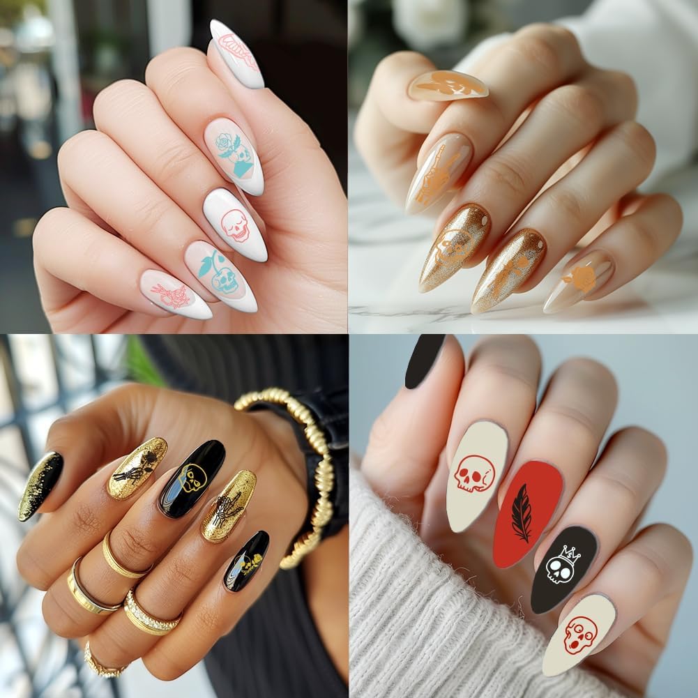 3Pcs Skull Nail Stamping Plate Set Halloween Nail Stamp Templates Skeleton Hands Roses Metal Reusable Tools with Stamper Scraper for Manicure Printing