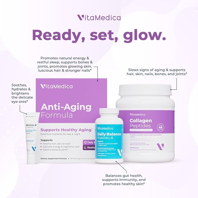 VitaMedica Anti-Aging Formula 4-in-1 Health and Beauty Supplement | Anti Aging Supplement for Women and Men | Healthy Hair, Skin, and Nails | Natural Energy & Restful Sleep | 30 AM & PM Packets